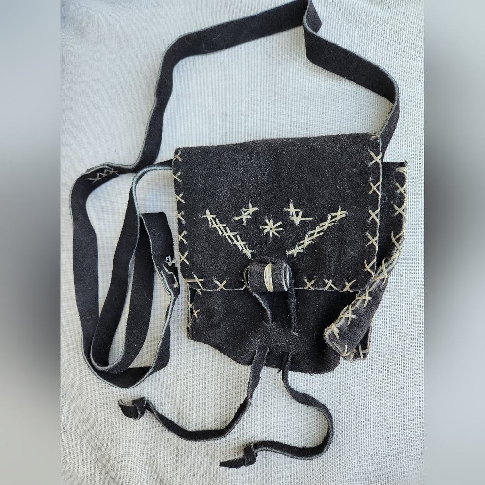 Vintage Artisan Suede Crossbody  Shoulder Bag Boho Western Hippie Small Black